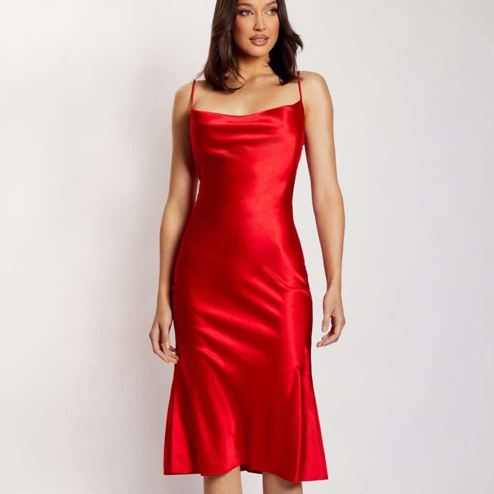 MESHKI Tabitha Cowl Neck Slip Red Midi Dress
